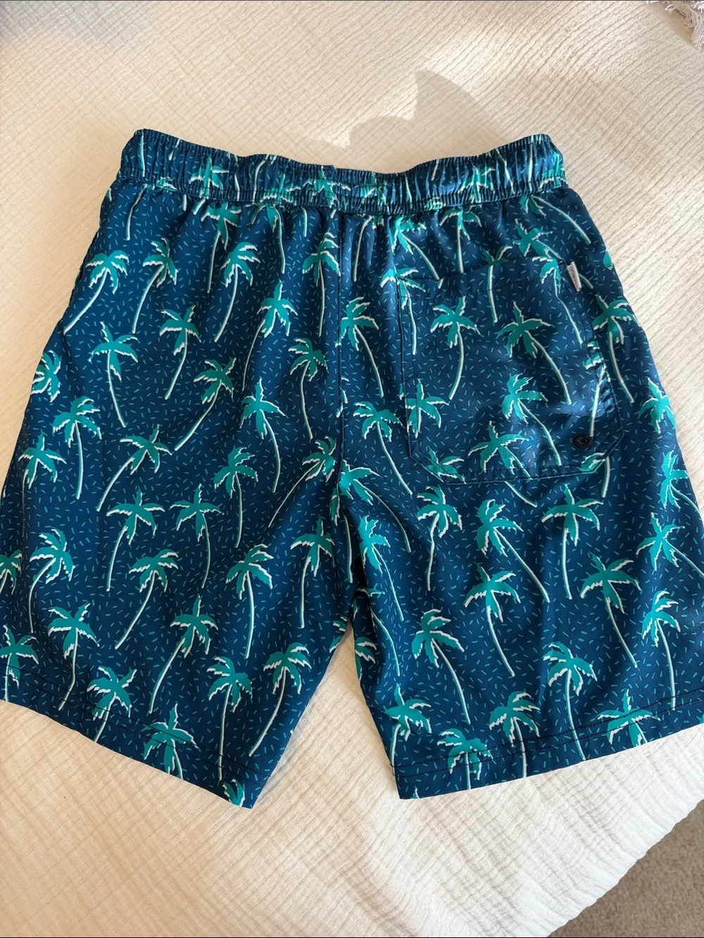 Kids Blue Palm-Print Swim Trunks with Drawstring